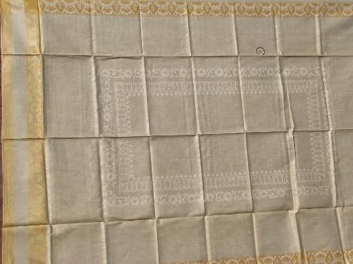 photo of mint w/ labels crisp vintage Irish linen damask tablecloth, flax w/ gold #2