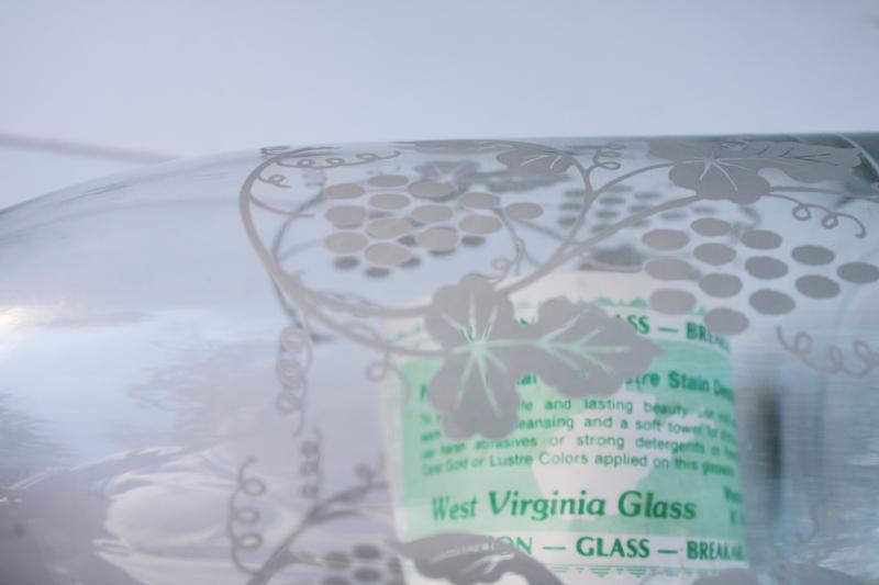 photo of mint w/ labels vintage West Virginia glass set wine glasses & carafe, grapes pattern  #2