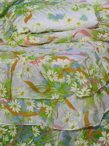 photo of mint unused pair vintage 60s flower print twin bedspreads, sheer ruffles #1