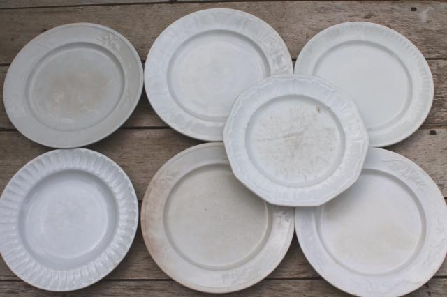 photo of mismatched antique 1860s - 1880s vintage ironstone china dinner plates w/ embossed borders #12