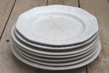 catalog photo of mismatched antique 1860s - 1880s vintage ironstone china dinner plates w/ embossed borders