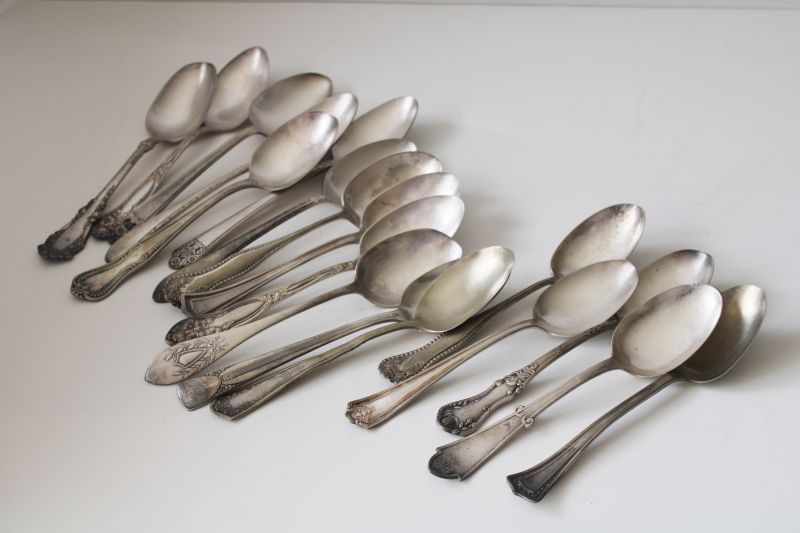 photo of mismatched antique silver plate soup spoons, tarnished worn ornate silver flatware lot #1