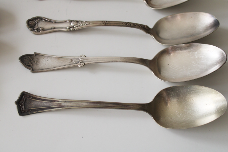 photo of mismatched antique silver plate soup spoons, tarnished worn ornate silver flatware lot #3