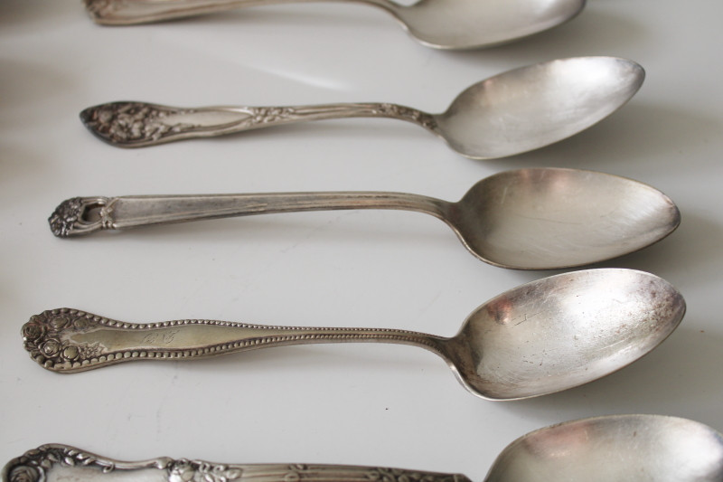 photo of mismatched antique silver plate soup spoons, tarnished worn ornate silver flatware lot #4