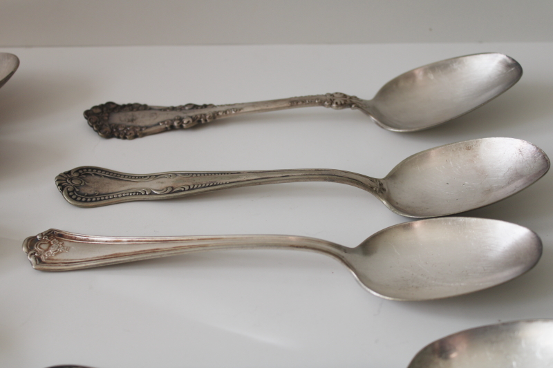 photo of mismatched antique silver plate soup spoons, tarnished worn ornate silver flatware lot #5