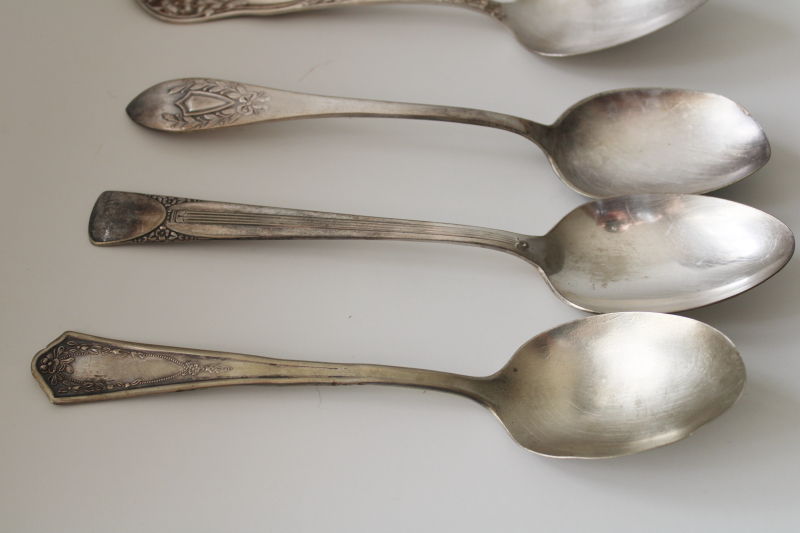 photo of mismatched antique silver plate soup spoons, tarnished worn ornate silver flatware lot #6