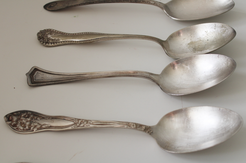 photo of mismatched antique silver plate soup spoons, tarnished worn ornate silver flatware lot #7