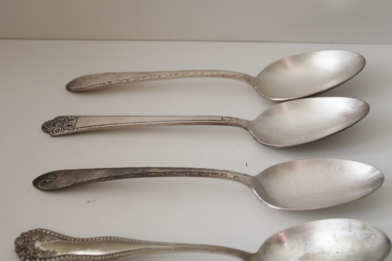 photo of mismatched antique silver plate soup spoons, tarnished worn ornate silver flatware lot #8