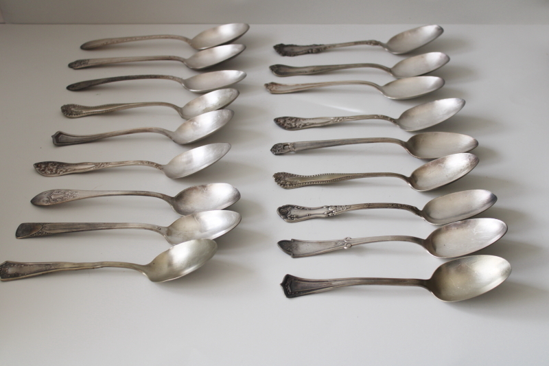 photo of mismatched antique silver plate soup spoons, tarnished worn ornate silver flatware lot #9