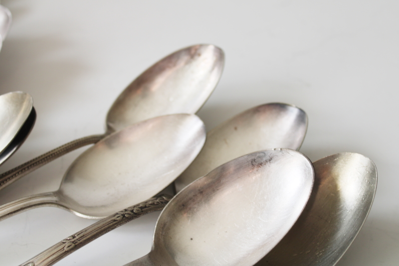 photo of mismatched antique silver plate soup spoons, tarnished worn ornate silver flatware lot #10