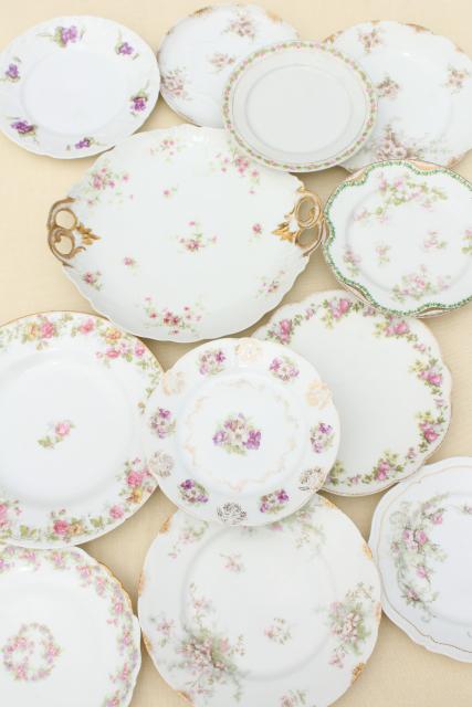 photo of mismatched antique vintage china plates w/ different patterns, pink roses florals #1