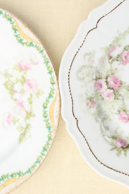 photo of mismatched antique vintage china plates w/ different patterns, pink roses florals #2