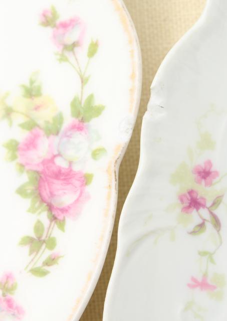 photo of mismatched antique vintage china plates w/ different patterns, pink roses florals #7