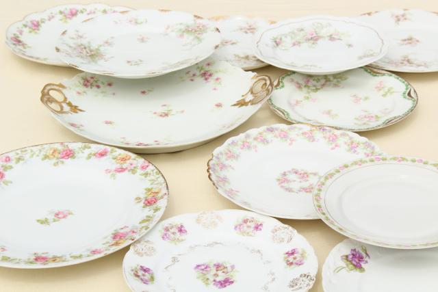 photo of mismatched antique vintage china plates w/ different patterns, pink roses florals #8