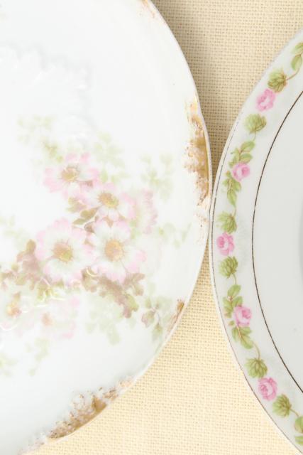 photo of mismatched antique vintage china plates w/ different patterns, pink roses florals #12