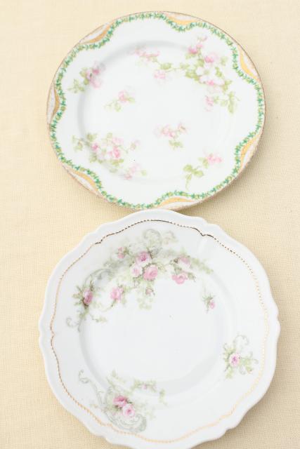 photo of mismatched antique vintage china plates w/ different patterns, pink roses florals #15