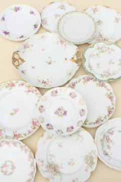 catalog photo of mismatched antique vintage china plates w/ different patterns, pink roses florals