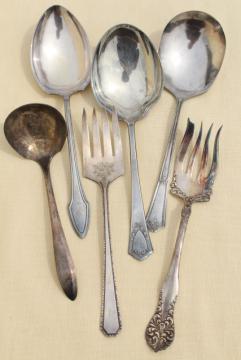 catalog photo of mismatched antique vintage silver plate flatware serving pieces lot, berry spoons etc.