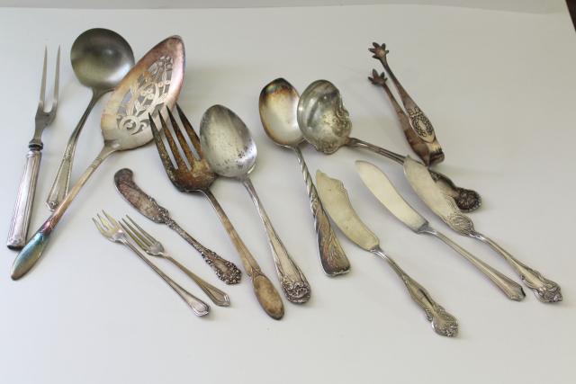 photo of mismatched antique vintage silver plate serving pieces, ladles, cake sever, sugar tongs etc #1