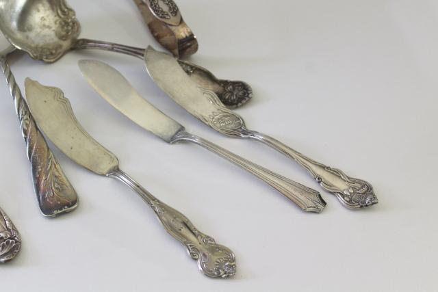 photo of mismatched antique vintage silver plate serving pieces, ladles, cake sever, sugar tongs etc #2