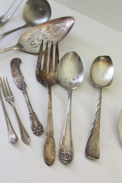 photo of mismatched antique vintage silver plate serving pieces, ladles, cake sever, sugar tongs etc #3