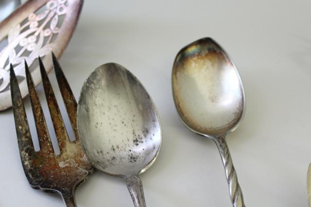 photo of mismatched antique vintage silver plate serving pieces, ladles, cake sever, sugar tongs etc #4