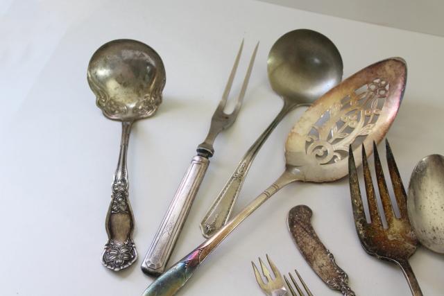 photo of mismatched antique vintage silver plate serving pieces, ladles, cake sever, sugar tongs etc #6