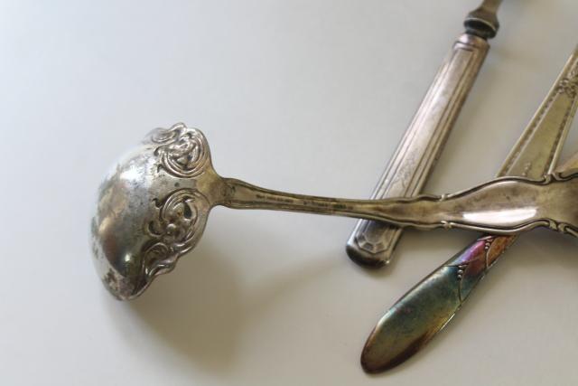 photo of mismatched antique vintage silver plate serving pieces, ladles, cake sever, sugar tongs etc #7