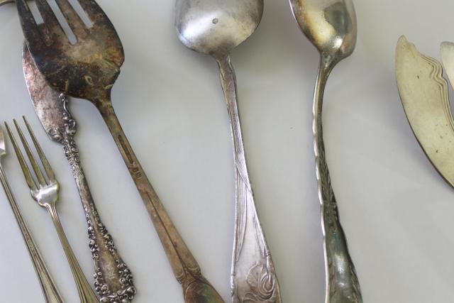 photo of mismatched antique vintage silver plate serving pieces, ladles, cake sever, sugar tongs etc #8