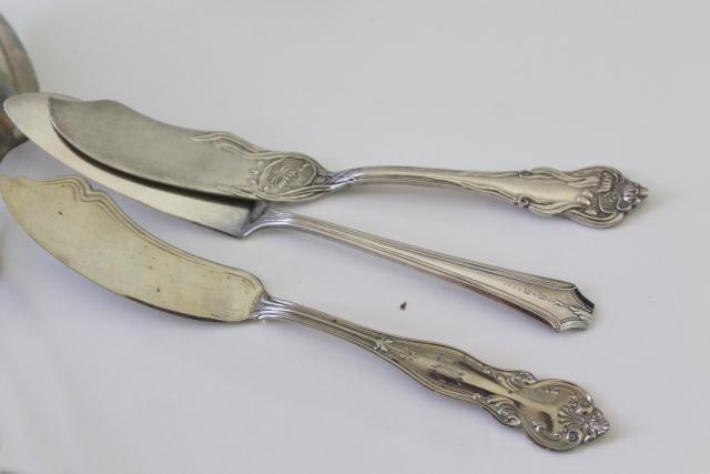 photo of mismatched antique vintage silver plate serving pieces, ladles, cake sever, sugar tongs etc #9