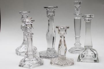 catalog photo of mismatched crystal candle holders, heavy clear glass candlesticks instant collection