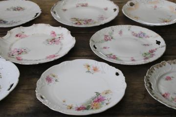 catalog photo of mismatched floral china serving plates & handled trays, antique vintage dinnerware shabby chic
