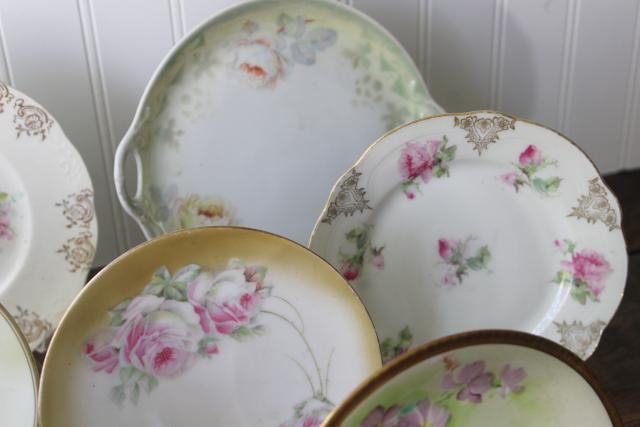 photo of mismatched old roses painted cake plates & serving trays, vintage tea table china #12