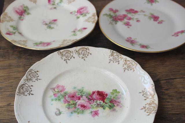 photo of mismatched old roses painted cake plates & serving trays, vintage tea table china #13