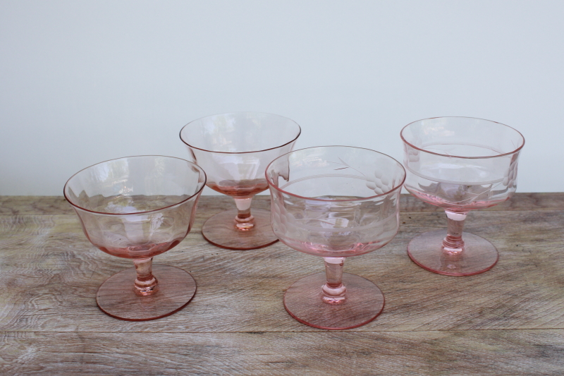 photo of mismatched pink glass sherbet dishes or champagne glasses, vintage glassware #1