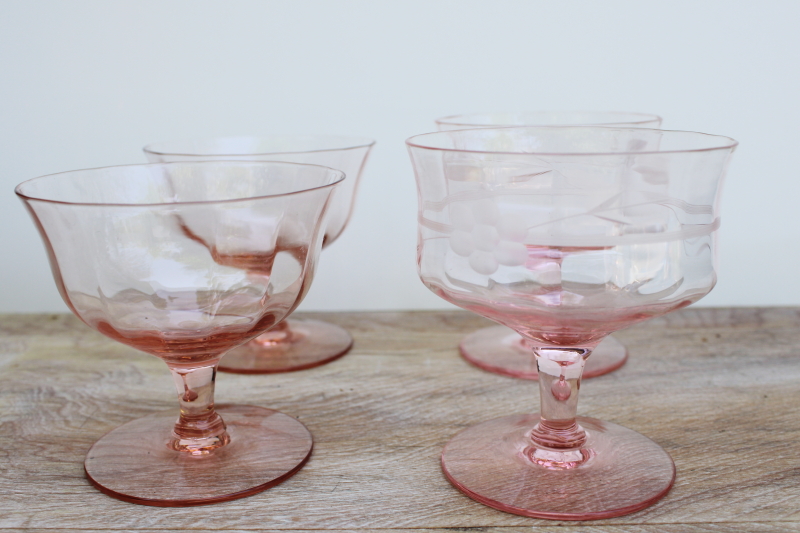photo of mismatched pink glass sherbet dishes or champagne glasses, vintage glassware #2