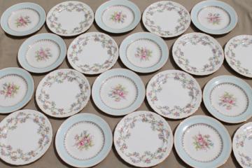 catalog photo of mismatched vintage china dessert / wedding cake plates, pretty florals, tiffany blue band