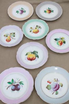 catalog photo of mismatched vintage china plates with hand-painted fruit, pretty pastel colors