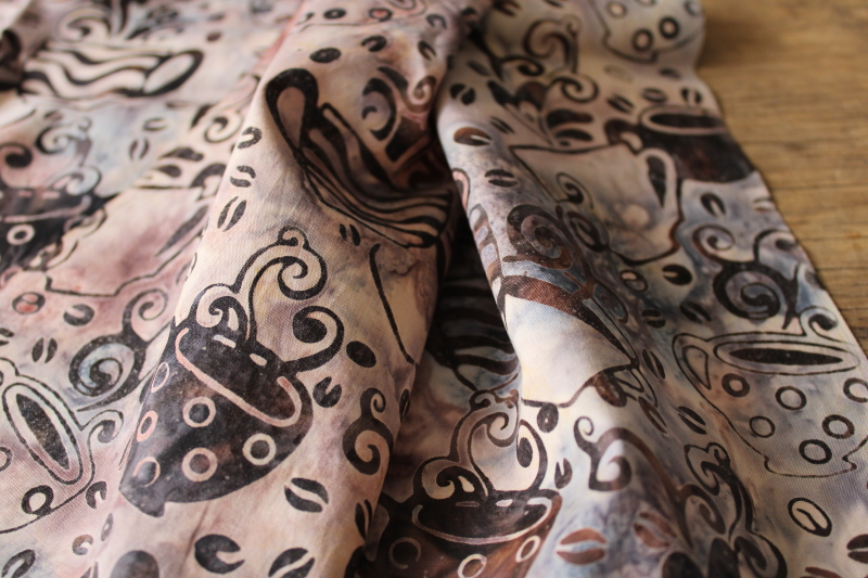 photo of mocha brown coffee beans & mugs batik type print cotton quilting fabric #2