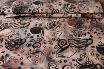 catalog photo of mocha brown coffee beans & mugs batik type print cotton quilting fabric
