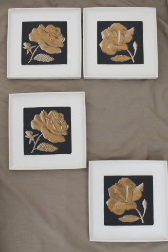 photo of mod 1950s black & white wall plaques w/ gold roses, chalkware wall art set #2