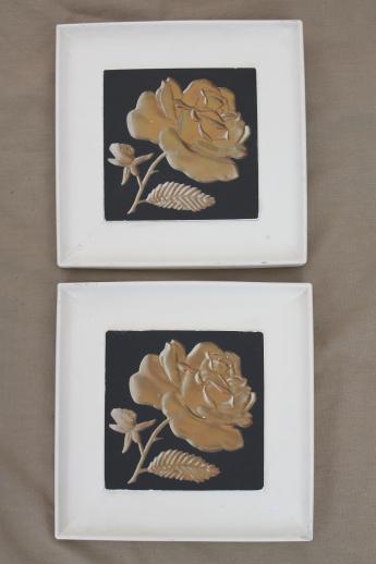 photo of mod 1950s black & white wall plaques w/ gold roses, chalkware wall art set #3