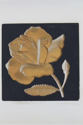 photo of mod 1950s black & white wall plaques w/ gold roses, chalkware wall art set #5