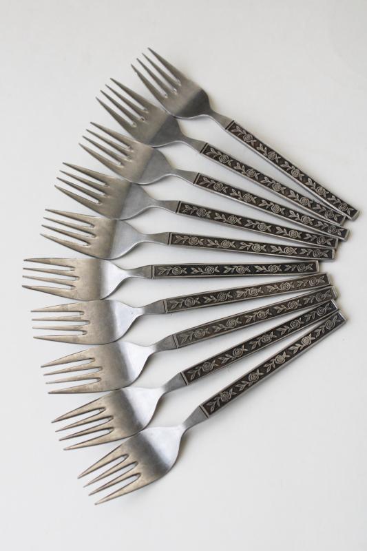 photo of mod 70s vintage Mexicali Rose Interpur Japan stainless flatware, 10 salad forks #1