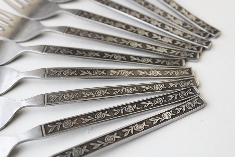 photo of mod 70s vintage Mexicali Rose Interpur Japan stainless flatware, 10 salad forks #2