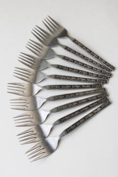 catalog photo of mod 70s vintage Mexicali Rose Interpur Japan stainless flatware, 10 salad forks