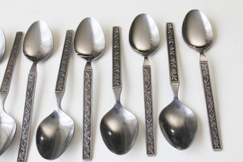 photo of mod 70s vintage Mexicali Rose Interpur Japan stainless flatware, 12 soup spoons #2