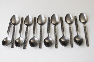 catalog photo of mod 70s vintage Mexicali Rose Interpur Japan stainless flatware, 12 soup spoons