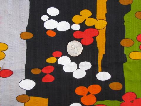 photo of mod abstract retro print on black, 60s vintage cotton seersucker fabric #1