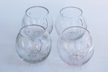 catalog photo of mod barware, big round roly poly drinking glasses, clear glass fruit shape tumblers